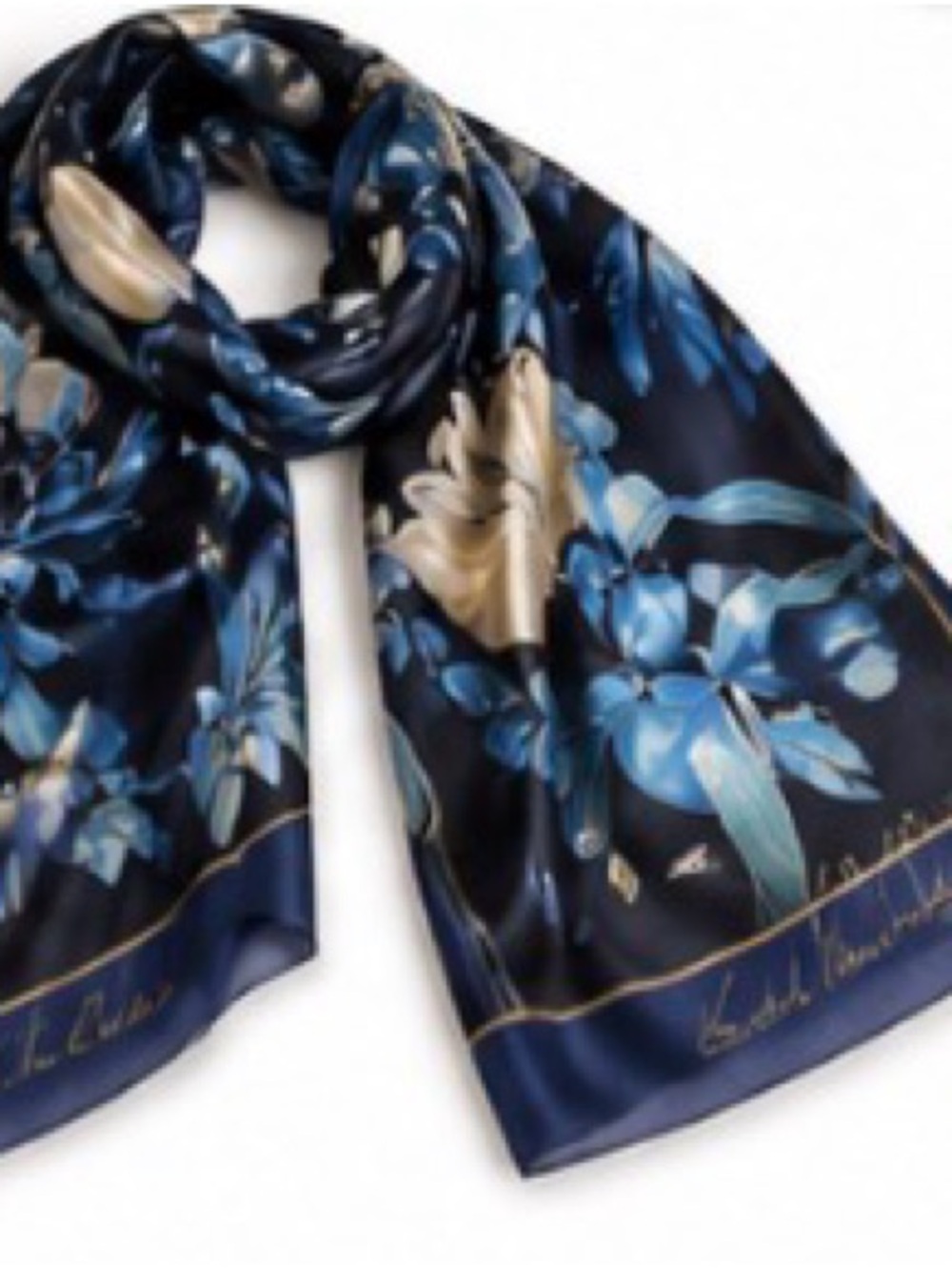 Michael Michaud Silk Scarf Shawl Blue Floral Oversized Elegant Wrap 70x34 - Picture 2 of 5